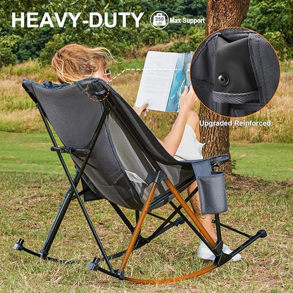 Oversized Camping Chair for Adults, Lawn Chairs Outdoor Fold up, Rocking Camping Chairs with Pillow for Picnic, Heavy-Duty 600D Oxford Cloth with Cup Holder, 350 Pound Capacity, Grey.