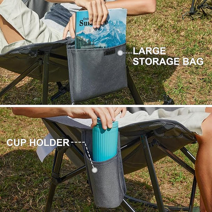 Oversized Camping Chair for Adults, Lawn Chairs Outdoor Fold up, Rocking Camping Chairs with Pillow for Picnic, Heavy-Duty 600D Oxford Cloth with Cup Holder, 350 Pound Capacity, Grey.
