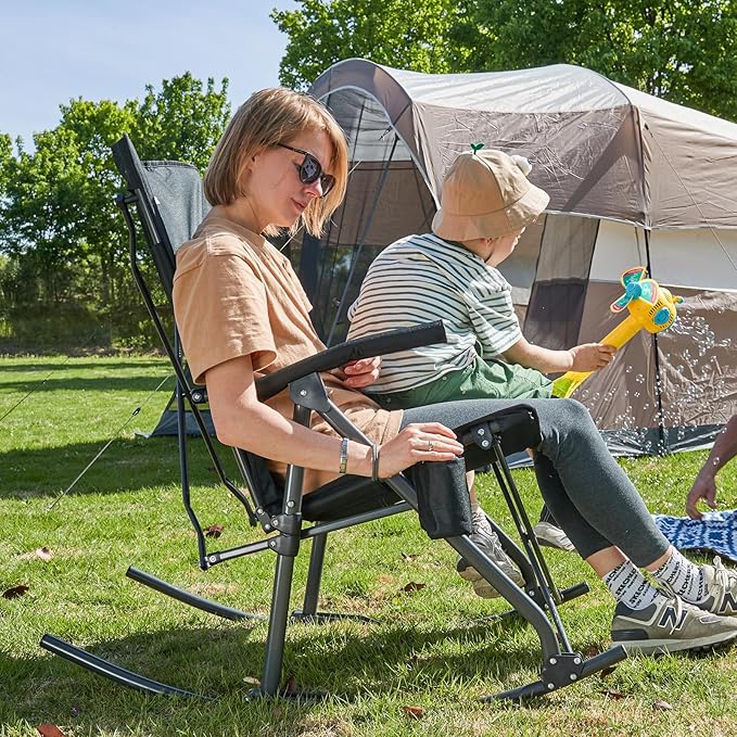 PORTAL Oversized Folding Rocking Camping Chair Portable Outdoor Rocker with High Back Hard Armrests Carry Bag, Supports 400 lbs