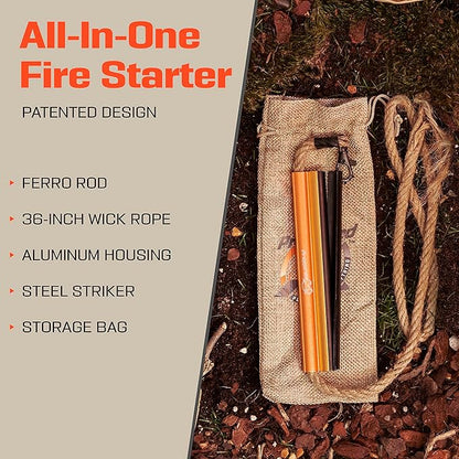 Fire Starter Survival Tool - All-in-One Flint and Steel Fire Starter Kit - Ferro Rod Fire Starter with 36" Waterproof Tinder Wick Rope and Steel Fire Striker - Patented Firestarter | Prepared4X