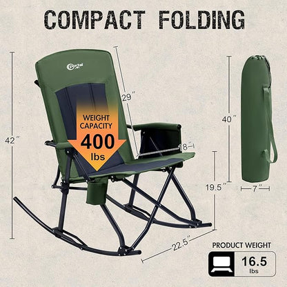 PORTAL Oversized Folding Rocking Camping Chair Portable Outdoor Rocker with High Back Hard Armrests Carry Bag, Supports 400 lbs