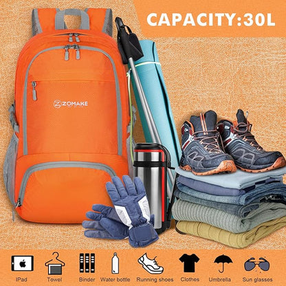 ZOMAKE Lightweight Packable Backpack 30L, Foldable Hiking Backpacks Water Resistant Compact Folding Daypack for Travel(Orange)