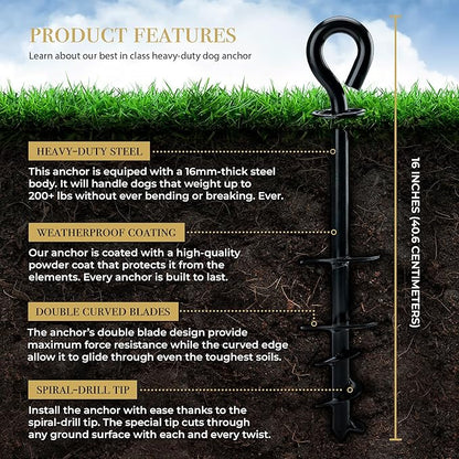 Dog Tie Out Stake - Heavy Duty Dog Anchor for Large Dogs up to 210 lbs, In Ground Yard Post to Tether Long Leash and Cable Leads with Dog Stakes for Outside (Anchor Only)