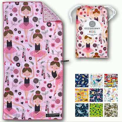 ECCOSOPHY Microfiber Kids Beach Towels & Pouch 60"x30" for Girls & Boys - Quick Dry Pool Towels - Sand Free Beach Blanket for Travel - Camping - Vacation - Toallas Playas