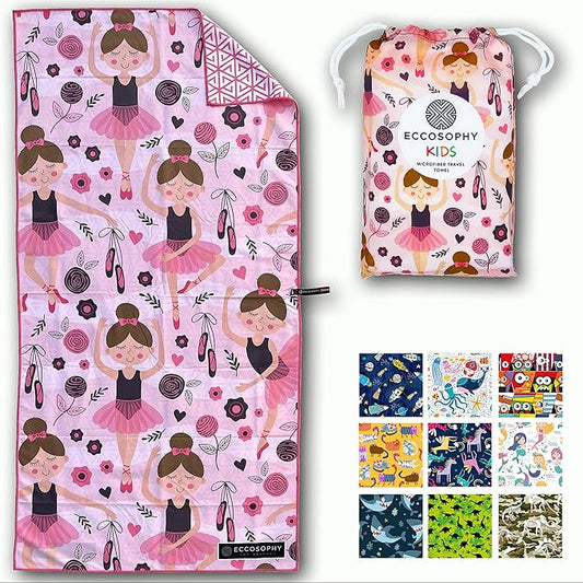 ECCOSOPHY Microfiber Kids Beach Towels & Pouch 60"x30" for Girls & Boys - Quick Dry Pool Towels - Sand Free Beach Blanket for Travel - Camping - Vacation - Toallas Playas