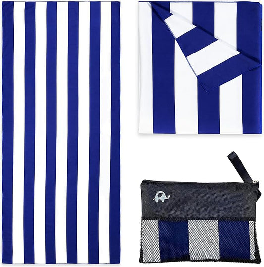 Elite Trend Large Beach Towel for Travel – 63x31 Inch w/Bag – Lightweight Microfiber, Compact, Soft, Quick Dry, Sand Free – for Swimming, Pool, Camping, Yoga, Workout, Golf – Cabana Navy