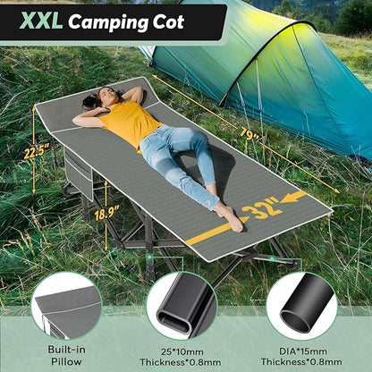 Slendor Oversized XXL Camping Cot, Folding Cot for Adults, 79" L x 32" W x 19" H Sleeping Cot with Mattress, Carry Bag, Camp Cot Bed for Travel, Guest, Support 500lbs, Stripe Grey Cot+ Grey Pad