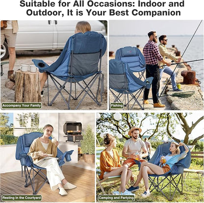 Oversized Camping Chair, Portable Folding Padded Camp Chairs with Side Pocket, Cup Holder, Heavy Duty Support 500LBS Outdoor Lounge Chair for Adults, Fishing, Sports, Trip, Navy Blue