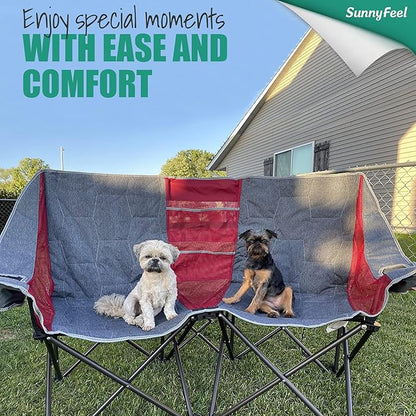 SUNNYFEEL Folding Double Camping Chair, Oversized Loveseat Chair, Heavy Duty Portable/Foldable Lawn Chair with Storage for Outside/Outdoor/Travel/Picnic, Fold Up Camp Chairs for Adults 2 People