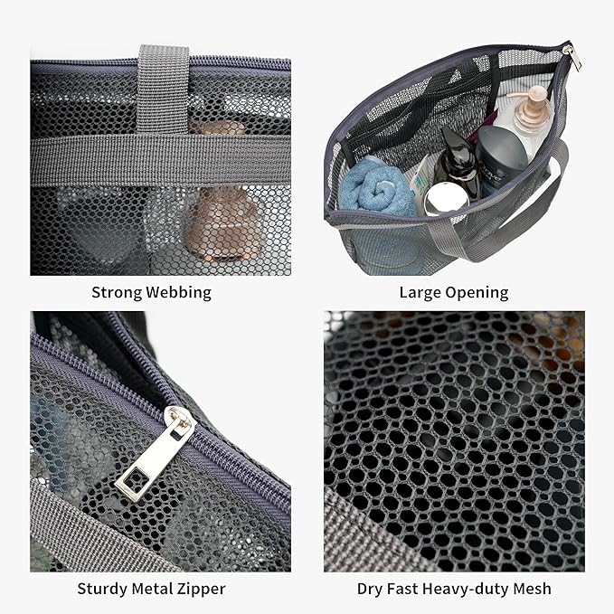 Portable Mesh Shower Caddy Tote Bag Hanging Toiletry Bag with Zipper for Travel, Bath, Gym, Beach, Camping, Swimming, Sunscreen, Dorm (Gray)