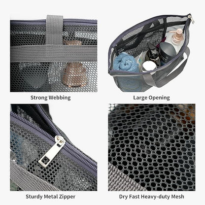 Portable Mesh Shower Caddy Tote Bag Hanging Toiletry Bag with Zipper for Travel, Bath, Gym, Beach, Camping, Swimming, Sunscreen, Dorm (Gray)
