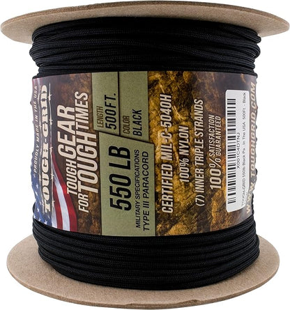 TOUGH-GRID Premium Black Paracord 550 lbs Made in USA Outdoor Survival Nylon Rope Tactical Heavy Duty Strands Parachute Cord Used by US Military Type III Mil-Spec