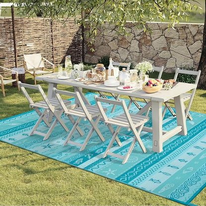Lahome Outdoor Rug 8x10 Patio Waterproof, Reversible Outdoor Plastic Straw Rug for Camping, RV Patio Rugs Outside Large Carpet for Porch Deck Backyard Picnic(Blue/Multi,8'x 10')