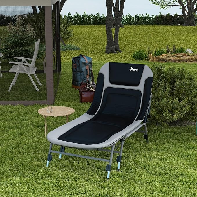 Outsunny Camping Cot for Adults, Folding Bed with Soft Padded Cushions & Headrest, 180° Adjustable Reclining Lounger, Heavy Duty and Portable with a 400 lbs. Capacity, Gray