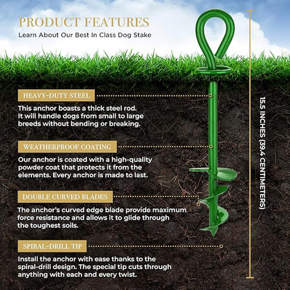 Dog Tie Out Stake - Heavy Duty Dog Stake for Large Dogs up to 125 lbs, Dog Stakes for Outside, Dog Anchor, and Dog Gadget | Use Any Dog Tie Out Cable or Dog Yard Leash (MG1-Grass Green)