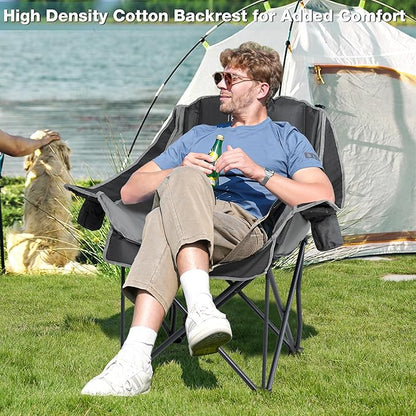 Oversized Camping Chair, Portable Folding Padded Camp Chairs with Side Pocket, Cup Holder, Heavy Duty Support 500LBS Outdoor Lounge Chair for Adults, Fishing, Sports, Trip, Black