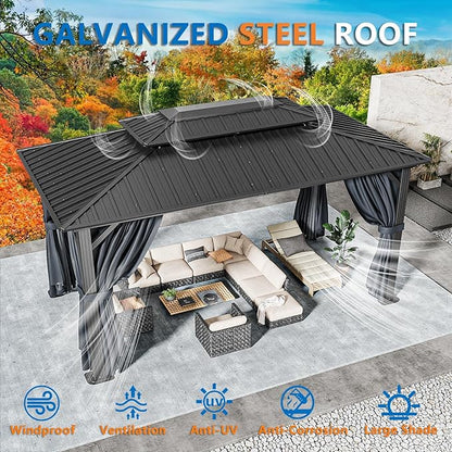 HOTEEL 10x15 Hardtop Gazebo on Clearance with Heavy Duty Galvanized Steel Double Metal roof,Aluminum Frame,Patio Gazebo with Curtains and Netting,Outdoor Permanent Gazebo Pavillon for Backyard,Black