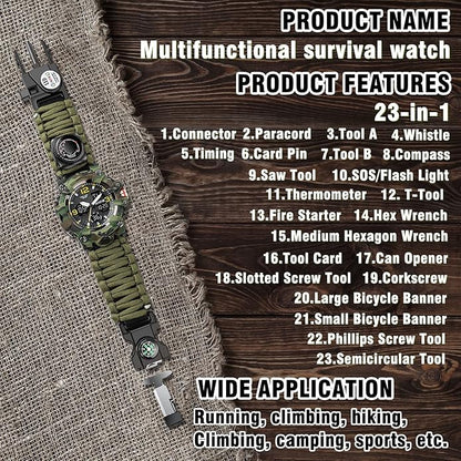 23-in-1 Survival Military Digital Watch, Mens Tactical Multi-Functional and Adjustable Wristband Outdoors Waterproof Sports Dual Dial Watches with Compass Paracord Band