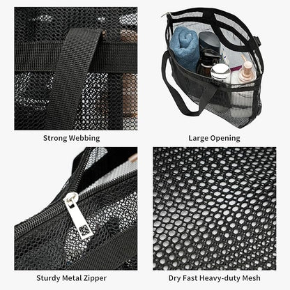 Portable Mesh Shower Caddy Tote Bag Hanging Toiletry Bag with Zipper for Travel, Bath, Gym, Beach, Camping, Swimming, Sunscreen, Dorm (Black)
