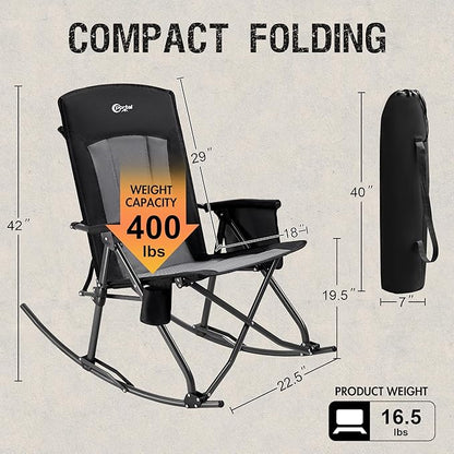 PORTAL Oversized Folding Rocking Camping Chair Portable Outdoor Rocker with High Back Hard Armrests Carry Bag, Supports 400 lbs