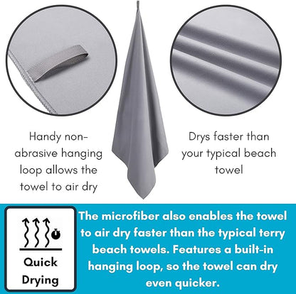 BIRDROCK HOME Multi-Purpose Microfiber Towel for The Beach, Travel, Pets or Camping - Large 31 x 63” - Grey - Quick-Dry - Absorbent Lightweight Compact - Mesh Bag - Kids Hiking Outdoor