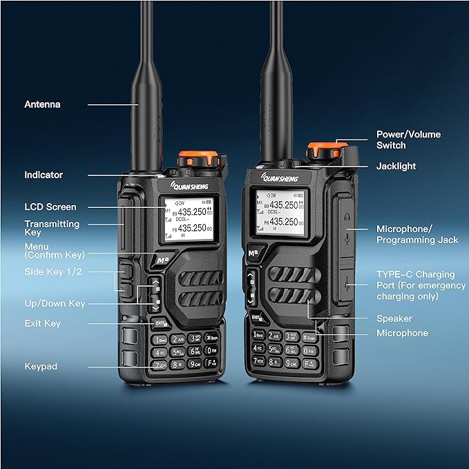 UV-K5 Walkie Talkie Dual Band 5W Rechargeable Two Way Radio NOAA Emergency Weather Receiver with Type-C Charging Cable, Headset (Black 1 Pack)