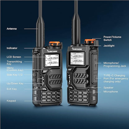 UV-K5 Walkie Talkie Dual Band 5W Rechargeable Two Way Radio NOAA Emergency Weather Receiver with Type-C Charging Cable, Headset (Black 1 Pack)