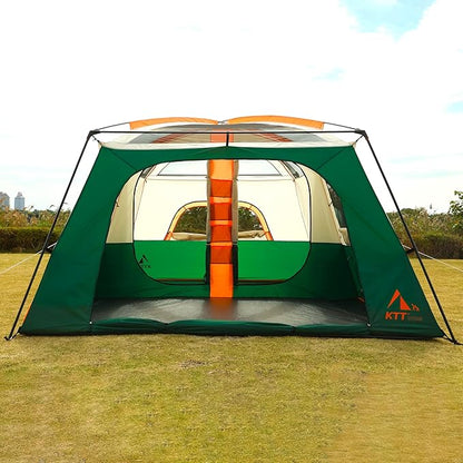KTT Extra Large Tent 12 Person,2 Bay-Windows,Family Cabin Tents,14'Lx10'Wx6.58'H,2 Rooms and 3 Doors 3 Windows with Mesh,Waterproof,Straight Wall,Big Tent for Outdoor,Picnic,Camping,Gathering