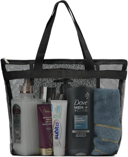 Portable Mesh Shower Caddy Tote Bag Hanging Toiletry Bag with Zipper for Travel, Bath, Gym, Beach, Camping, Swimming, Sunscreen, Dorm (Black)