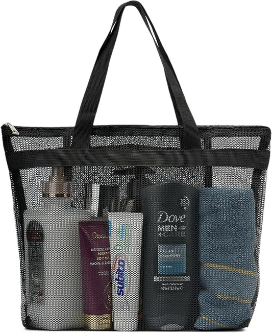 Portable Mesh Shower Caddy Tote Bag Hanging Toiletry Bag with Zipper for Travel, Bath, Gym, Beach, Camping, Swimming, Sunscreen, Dorm (Black)