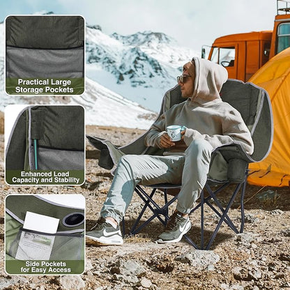 Oversized Camping Chair, Portable Folding Padded Camp Chairs with Side Pocket, Cup Holder, Heavy Duty Support 500LBS Outdoor Lounge Chair for Adults, Fishing, Sports, Trip, Green