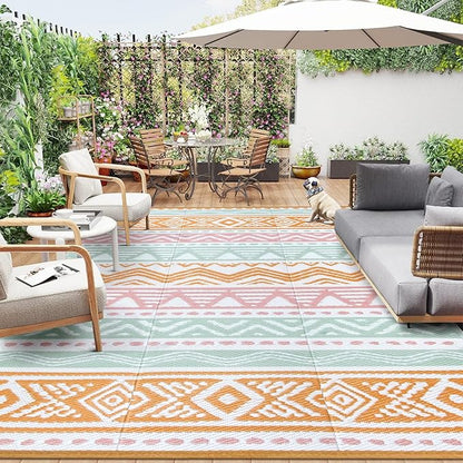 Lahome Waterproof Outdoor Rug 9x12, Reversible Outdoor Plastic Straw Rug for Patio, RV Camping Rug Picnic Mat Outside, Large Outdoor Carpet for Beach Deck Backyard Balcony(Pink/Orange,9'x 12')