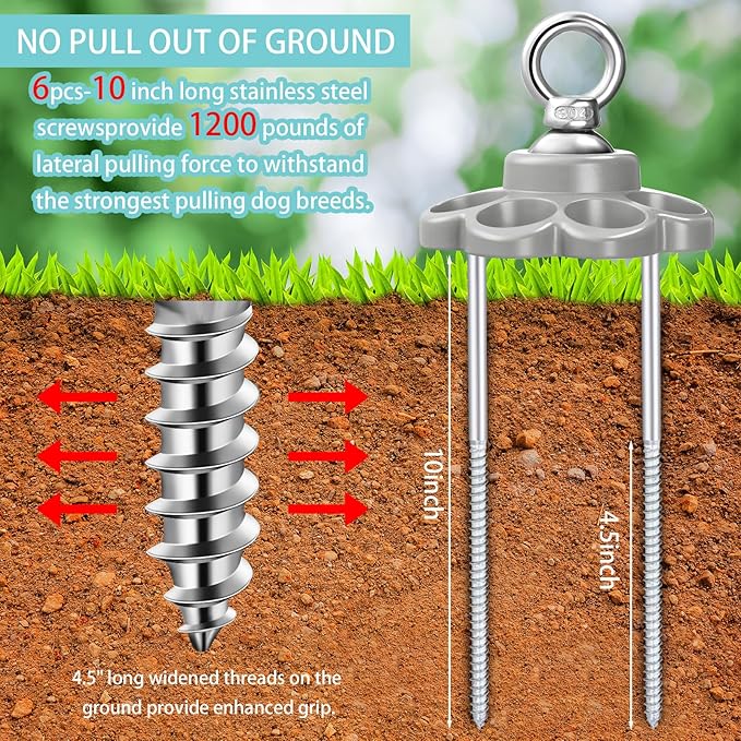 360° Swivel Dog Tie out Cable and Stake Stainless Steel Heavy Dog Stake 1200 Lbs of Pull Force, Rust Proof No Tangle Holds for Yard Outdoor Camping, Contains Screws (Silver)