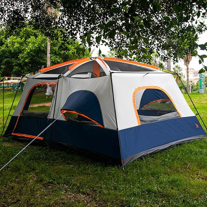 KTT Extra Large Tent 12 Person,2 Bay-Windows,Family Cabin Tents,14'Lx10'Wx6.58'H,2 Rooms and 3 Doors 3 Windows with Mesh,Waterproof,Straight Wall,Big Tent for Outdoor,Picnic,Camping,Gathering