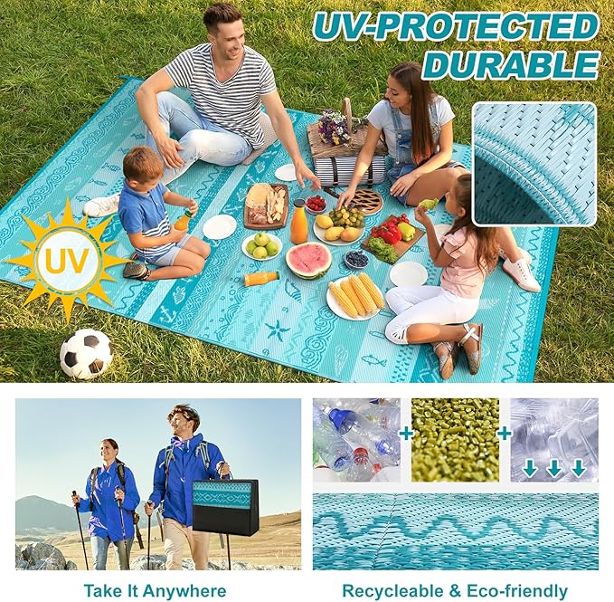 Lahome Outdoor Rug 8x10 Patio Waterproof, Reversible Outdoor Plastic Straw Rug for Camping, RV Patio Rugs Outside Large Carpet for Porch Deck Backyard Picnic(Blue/Multi,8'x 10')
