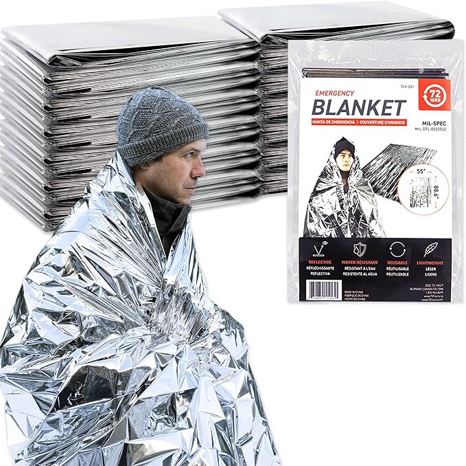 72 HRS MIL-SPEC Emergency Space Blankets – Mylar Survival or Emergency Thermal Blankets for Camping, Hiking, Marathon, First Aid, Emergency Preparedness, Extreme Weather, Shelter (12-Pack)