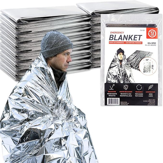 72 HRS MIL-SPEC Emergency Space Blankets – Mylar Survival or Emergency Thermal Blankets for Camping, Hiking, Marathon, First Aid, Emergency Preparedness, Extreme Weather, Shelter (12-Pack)
