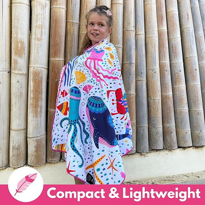 ECCOSOPHY Microfiber Kids Beach Towels & Pouch 60"x30" for Girls & Boys - Quick Dry Pool Towels - Sand Free Beach Blanket for Travel - Camping - Vacation - Toallas Playas