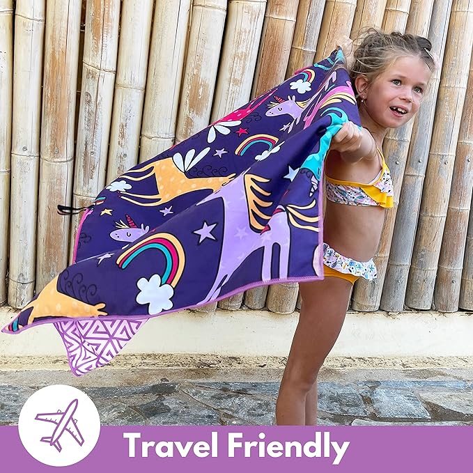 ECCOSOPHY Microfiber Kids Beach Towels & Pouch 60"x30" for Girls & Boys - Quick Dry Pool Towels - Sand Free Beach Blanket for Travel - Camping - Vacation - Toallas Playas