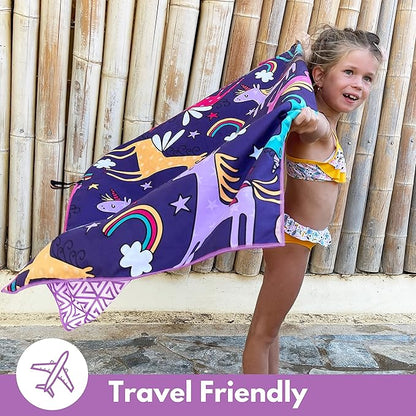ECCOSOPHY Microfiber Kids Beach Towels & Pouch 60"x30" for Girls & Boys - Quick Dry Pool Towels - Sand Free Beach Blanket for Travel - Camping - Vacation - Toallas Playas