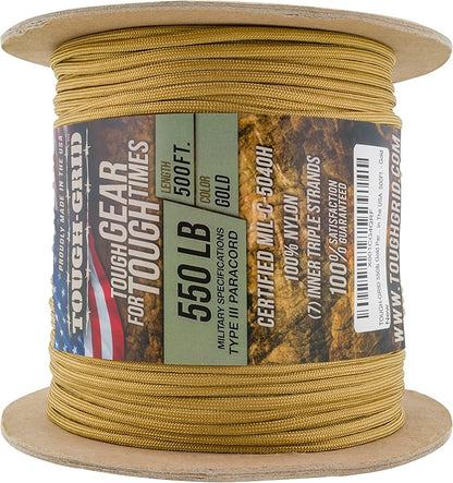 TOUGH-GRID Premium Gold Paracord 550 lbs Made in USA Outdoor Survival Nylon Rope Tactical Heavy Duty Strands Parachute Cord Used by US Military Type III Mil-Spec