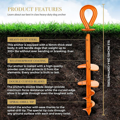 Dog Tie Out Stake - Heavy Duty Dog Stake for Large Dogs up to 210 lbs, Dog Stakes for Outside, Dog Anchor, and Dog Gadget | Use Any Dog Tie Out Cable or Dog Yard Leash (O2-Orange (2-Pack))