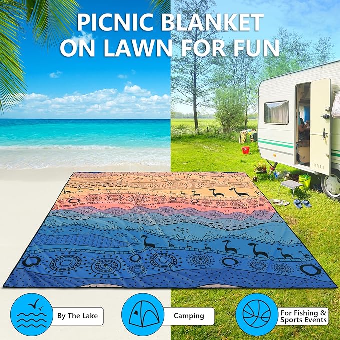 Beach Blanket Waterproof Sandproof Beach Mat 79" X 83" /10'x9'for 2-8 Adults Quick Drying Outdoor Picnic Mat Beach Accessories for Travel, Camping, Hiking