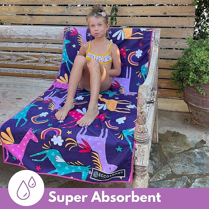 ECCOSOPHY Microfiber Kids Beach Towels & Pouch 60"x30" for Girls & Boys - Quick Dry Pool Towels - Sand Free Beach Blanket for Travel - Camping - Vacation - Toallas Playas