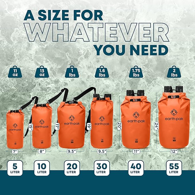 Earth Pak Waterproof Dry Bag - Roll Top Waterproof Backpack Sack Keeps Gear Dry for Kayaking & Fishing with Phone Case (Orange 10L & 20L)
