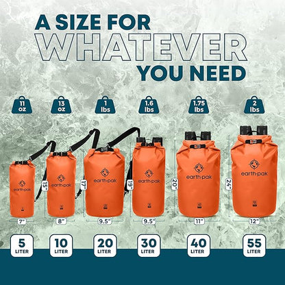 Earth Pak Waterproof Dry Bag - Roll Top Waterproof Backpack Sack Keeps Gear Dry for Kayaking & Fishing with Phone Case (Orange 10L & 20L)