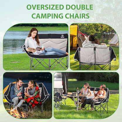 Nice C Loveseat Camping Chair, Double Camping Chair, Outdoor Camping Couch, Oversized Camping Loveseat, Padded Folding Chair for Adults, with Cooler Bag, Wine Glass Holder (Black&Grey)