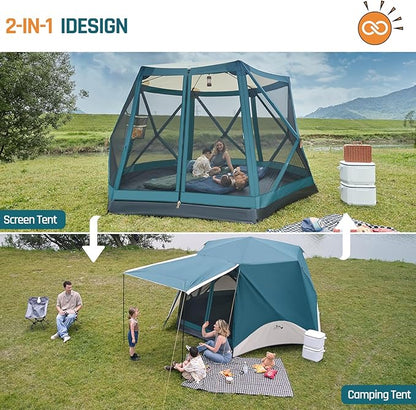 Instant Tents for Camping Pop Up Screen Tent with Floor, 6 Person Large Family Camping Tent with Rainfly and Porch, Easy 60S Setup Hub Tent for Outdoor Picnic Backyard, 11.5x10x6.83FT