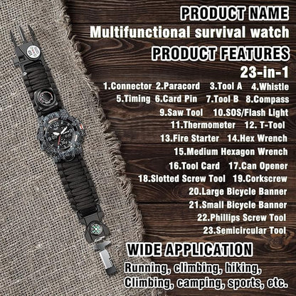 23-in-1 Survival Military Digital Watch, Mens Tactical Multi-Functional and Adjustable Wristband Outdoors Waterproof Sports Dual Dial Watches with Compass Paracord Band