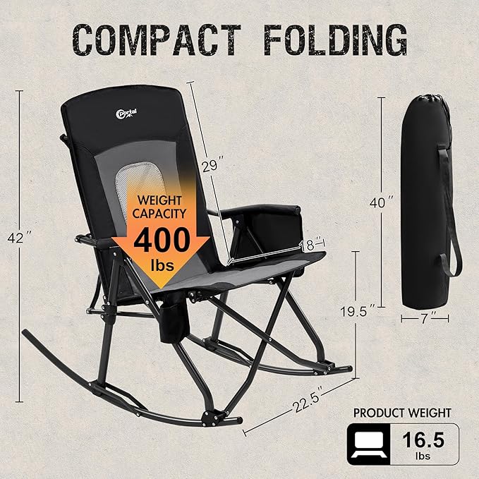 PORTAL Oversized Folding Rocking Camping Chair Portable Outdoor Rocker with High Back Hard Armrests Carry Bag, Supports 400 lbs